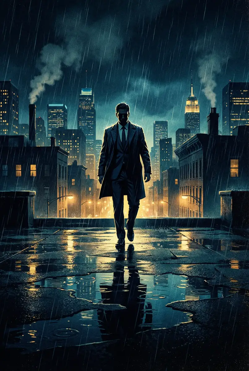大染坊电视剧全集观看 出品影片《雨夜独行者》海报，雨中城市屋顶男性剪影